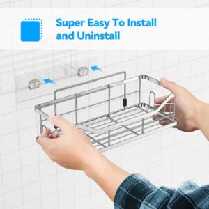 Rziawssa Shower Caddy, Shower Organizer(2Pack), Adhesive Shower Shelves Basket With 4+5 Hooks, No Drilling, Large Capacity, Rustproof Stainless Steel Wall-Mounted Bathroom Shower Shelf, Silver