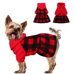 sawmong fleece dog hoodie dresses, classic plaid hooded puppy dog winter clothes with d-ring, thermal skirt girl doggie vest sweater outfits coat cat sweatshirt apparel, red and black, xx-small