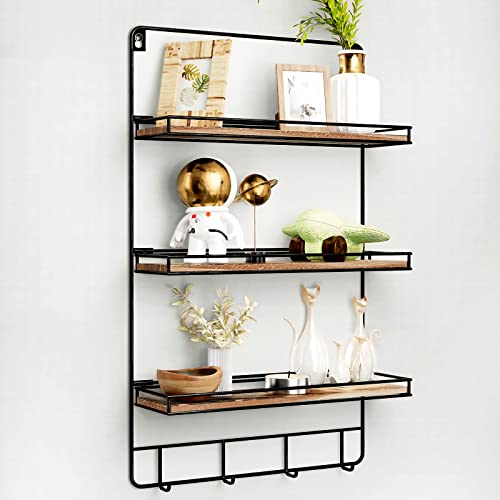 Oxendon Black Floating Shelves for Wall Decor, Rustic Wood Bathroom Shelves Wall Mounted Hanging Shelf with Hooks Easy Hang 3 Teir Wall Shelf Unit