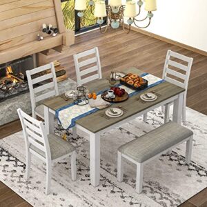 winwee 6 piece dining table set, wood dining room table set with 4 upholstered chairs & a bench, rustic style kitchen table set for 6 persons, 36x60 inch kitchen table (gray+ white)
