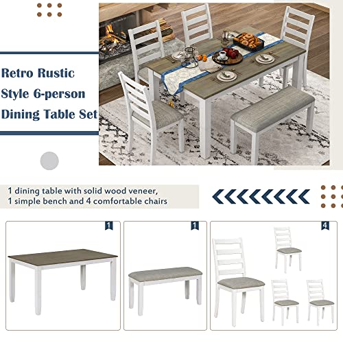 Winwee 6 Piece Dining Table Set, Wood Dining Room Table Set with 4 Upholstered Chairs & a Bench, Rustic Style Kitchen Table Set for 6 Persons, 36x60 Inch Kitchen Table (Gray+ White)