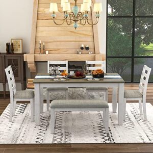 Winwee 6 Piece Dining Table Set, Wood Dining Room Table Set with 4 Upholstered Chairs & a Bench, Rustic Style Kitchen Table Set for 6 Persons, 36x60 Inch Kitchen Table (Gray+ White)