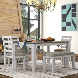 Winwee 6 Piece Dining Table Set, Wood Dining Room Table Set with 4 Upholstered Chairs & a Bench, Rustic Style Kitchen Table Set for 6 Persons, 36x60 Inch Kitchen Table (Gray+ White)