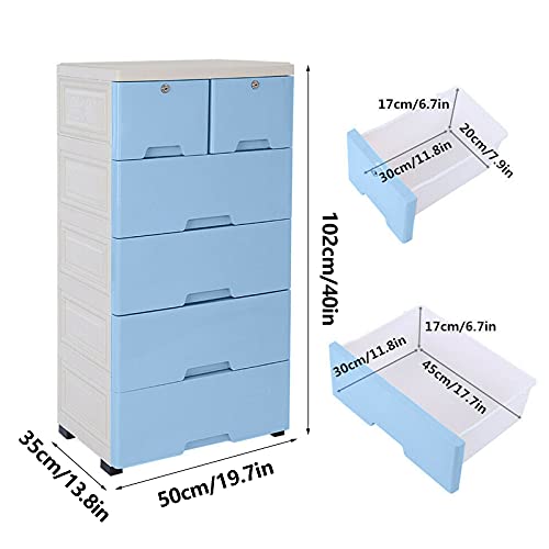 mignonnememe 6 Drawer Dresser Storage Organizer Plastic Tall Dresser Closet Drawers Storage Tower for Hallway Living Room Bedroom 50x35x102cm Blue