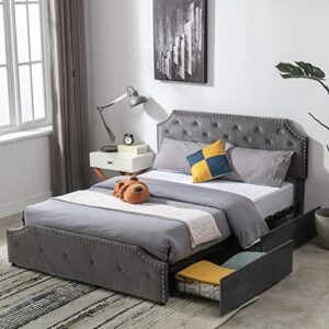 anj queen bed frame with 4 drawers, adjustable button tufted headboard, velvet upholstered platform bed with easy-assembly wood slats, fits 6" to 12" mattress, queen size, grey