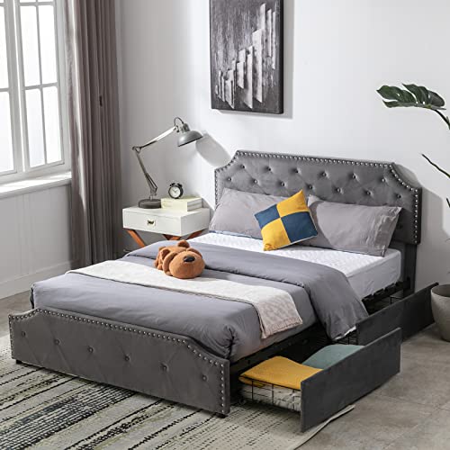 ANJ Queen Bed Frame with 4 Drawers, Adjustable Button Tufted Headboard, Velvet Upholstered Platform Bed with Easy-Assembly Wood slats, Fits 6" to 12" Mattress, Queen Size, Grey