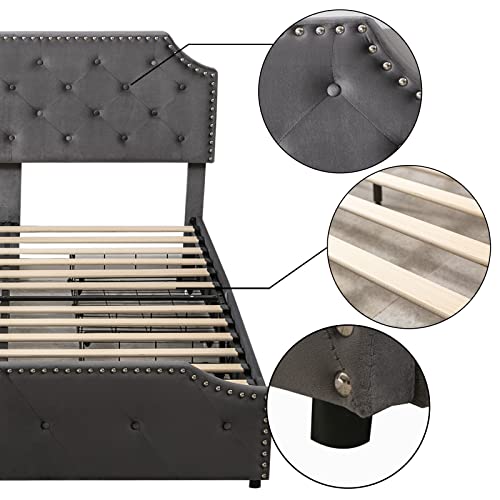 ANJ Queen Bed Frame with 4 Drawers, Adjustable Button Tufted Headboard, Velvet Upholstered Platform Bed with Easy-Assembly Wood slats, Fits 6" to 12" Mattress, Queen Size, Grey