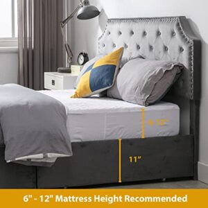 ANJ Queen Bed Frame with 4 Drawers, Adjustable Button Tufted Headboard, Velvet Upholstered Platform Bed with Easy-Assembly Wood slats, Fits 6" to 12" Mattress, Queen Size, Grey