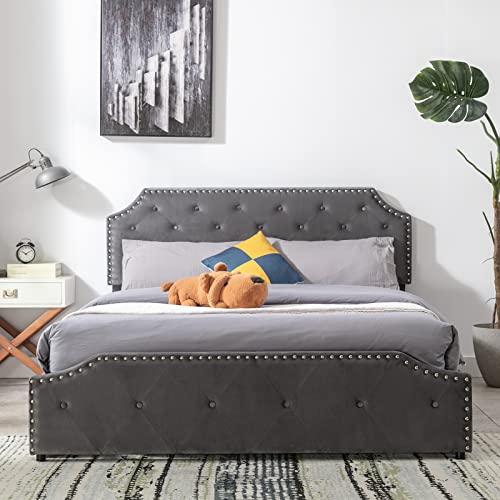 ANJ Queen Bed Frame with 4 Drawers, Adjustable Button Tufted Headboard, Velvet Upholstered Platform Bed with Easy-Assembly Wood slats, Fits 6" to 12" Mattress, Queen Size, Grey