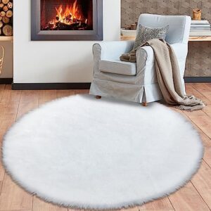 tennola white round faux fur rug for bedroom, fluffy circle rugs 4'x4' for kids room, furry carpet for teen girls room, non-slip shaggy circular floor rug plush rug