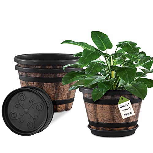 Plant Pots Set of 3 Pack 10 inch,Whiskey Barrel Planters with Drainage Holes & Saucer.Plastic Decoration Flower Imitation Wine Design,Canbe for Indoor Outdoor Garden Home Plants ( Brown)