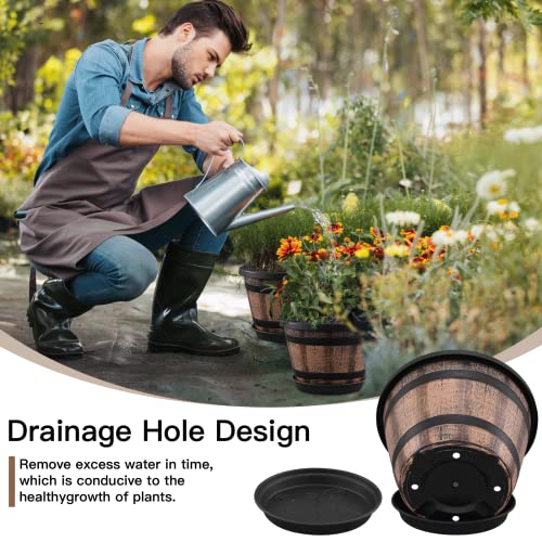 Plant Pots Set of 3 Pack 10 inch,Whiskey Barrel Planters with Drainage Holes & Saucer.Plastic Decoration Flower Imitation Wine Design,Canbe for Indoor Outdoor Garden Home Plants ( Brown)