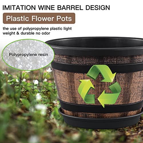 Plant Pots Set of 3 Pack 10 inch,Whiskey Barrel Planters with Drainage Holes & Saucer.Plastic Decoration Flower Imitation Wine Design,Canbe for Indoor Outdoor Garden Home Plants ( Brown)