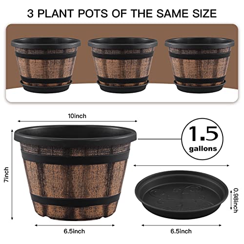 Plant Pots Set of 3 Pack 10 inch,Whiskey Barrel Planters with Drainage Holes & Saucer.Plastic Decoration Flower Imitation Wine Design,Canbe for Indoor Outdoor Garden Home Plants ( Brown)