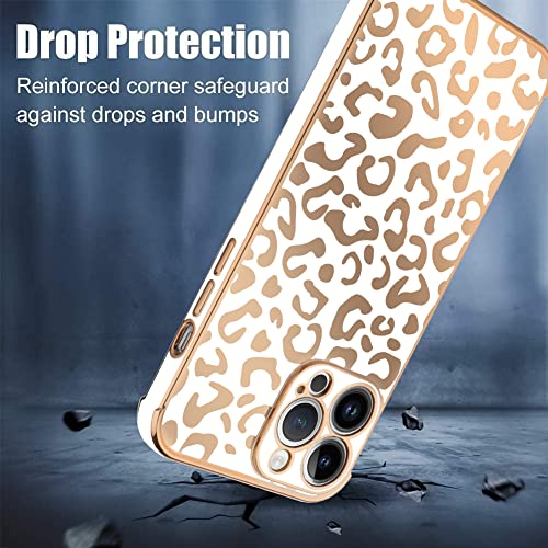 Bonoma Compatible with iPhone 13 Pro Max Case Leopard Plating Electroplate Luxury Elegant Camera Protector Soft TPU Shockproof Protective Corner Back Cover -White