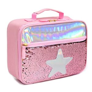 lbting lunch box for kids girls, insulated glitters star lunch bag reusable thermal cooler meal tote for school office outdoor – pink