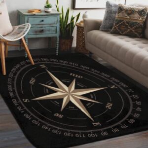 compass rose area rug, 5'x7', artwork black washable indoor outdoor rug carpet door mats for front porch, patio, kitchen, farmhouse, entryway, living dining room