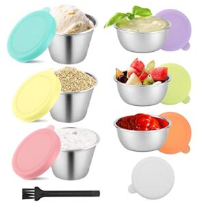 6 pack salad dressing container, 3 pack 1.6 oz+ 3 pack 2.4 oz stainless steel reusable leakproof small condiment sauce cups for lunch bento boxes with 7pcs silicone lids and one brush(colorful)