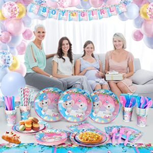 327Pcs Gender Reveal Party Supplies, Baby Shower Decorations Serves 25 Guests, Boy or Girl Elephant Gender Reveal Ideas with Tableware, 120pcs Balloons, Backdrop