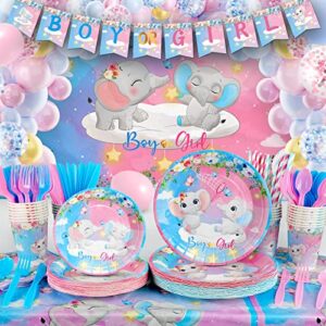 327pcs gender reveal party supplies, baby shower decorations serves 25 guests, boy or girl elephant gender reveal ideas with tableware, 120pcs balloons, backdrop