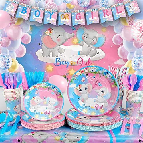 327Pcs Gender Reveal Party Supplies, Baby Shower Decorations Serves 25 Guests, Boy or Girl Elephant Gender Reveal Ideas with Tableware, 120pcs Balloons, Backdrop