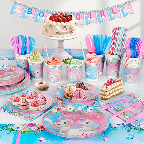 327Pcs Gender Reveal Party Supplies, Baby Shower Decorations Serves 25 Guests, Boy or Girl Elephant Gender Reveal Ideas with Tableware, 120pcs Balloons, Backdrop