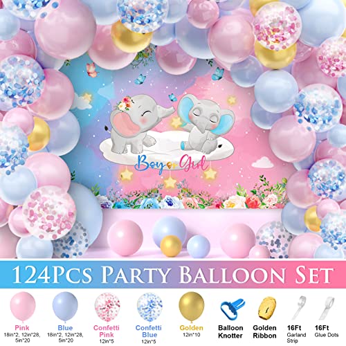 327Pcs Gender Reveal Party Supplies, Baby Shower Decorations Serves 25 Guests, Boy or Girl Elephant Gender Reveal Ideas with Tableware, 120pcs Balloons, Backdrop