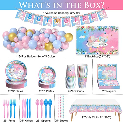 327Pcs Gender Reveal Party Supplies, Baby Shower Decorations Serves 25 Guests, Boy or Girl Elephant Gender Reveal Ideas with Tableware, 120pcs Balloons, Backdrop