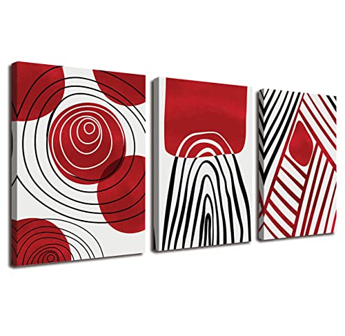 Red Theme Abstract Boho Wall Art Decor Black and White 3 Pieces Stretched and Framed Canvas Painting Black Ink Geometry Wall Art for Living Room Home Office Bathroom Bedroom Wall Decor 12"x16"x3