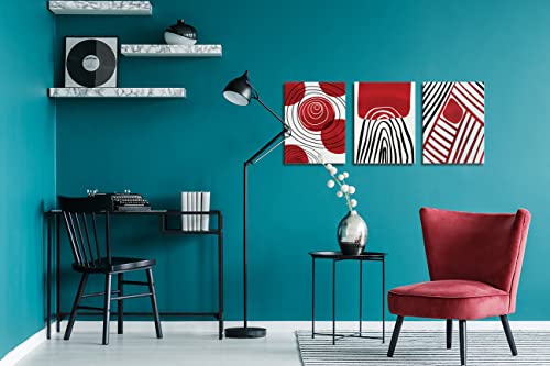 Red Theme Abstract Boho Wall Art Decor Black and White 3 Pieces Stretched and Framed Canvas Painting Black Ink Geometry Wall Art for Living Room Home Office Bathroom Bedroom Wall Decor 12"x16"x3
