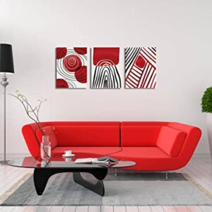 Red Theme Abstract Boho Wall Art Decor Black and White 3 Pieces Stretched and Framed Canvas Painting Black Ink Geometry Wall Art for Living Room Home Office Bathroom Bedroom Wall Decor 12"x16"x3