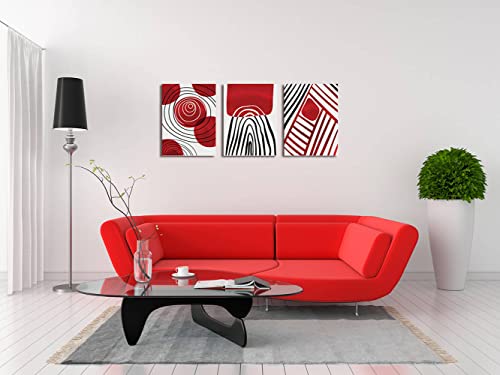 Red Theme Abstract Boho Wall Art Decor Black and White 3 Pieces Stretched and Framed Canvas Painting Black Ink Geometry Wall Art for Living Room Home Office Bathroom Bedroom Wall Decor 12"x16"x3