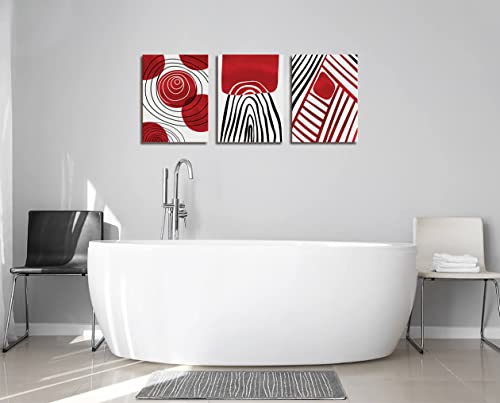 Red Theme Abstract Boho Wall Art Decor Black and White 3 Pieces Stretched and Framed Canvas Painting Black Ink Geometry Wall Art for Living Room Home Office Bathroom Bedroom Wall Decor 12"x16"x3