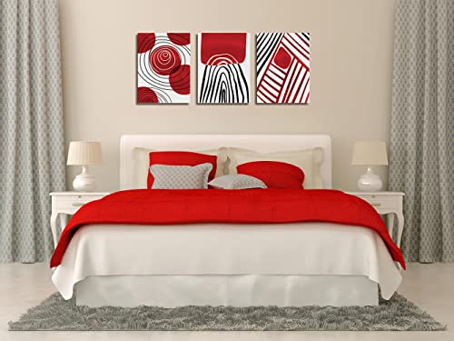 Red Theme Abstract Boho Wall Art Decor Black and White 3 Pieces Stretched and Framed Canvas Painting Black Ink Geometry Wall Art for Living Room Home Office Bathroom Bedroom Wall Decor 12"x16"x3