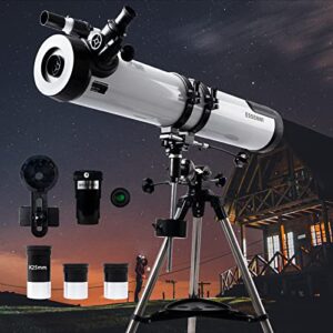 essenwi 114eq reflector telescope for adult astronomy beginners - comes with 3 eyepieces, 3x barlow lens, moon filter, and phone adapter