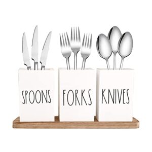 chonic farmhouse silverware holder, rustic wood silverware caddy with tray, spoon fork knives flatware dispenser, utensil countertop organizer, plastic cutlery holder for kitchen party (white)