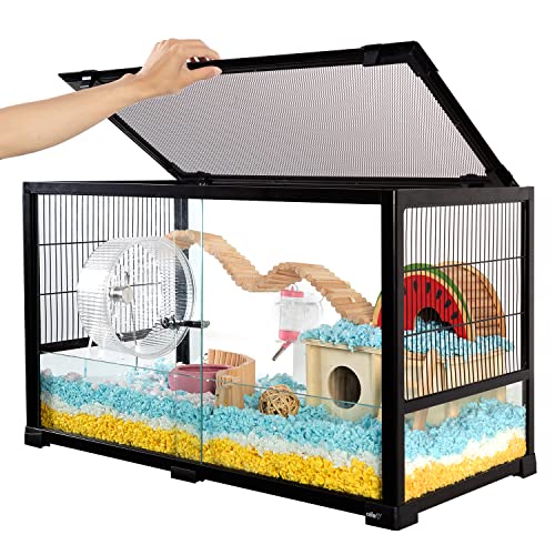 OIIBO Glass Hamster Cage 40 Gallon Large Hamster Cage with Sliding Front Door, 32" L x 16" W x 18" H Chew-Proof Small Animal Cage for Dwarf Syrian Hamster Hedgehog Gerbils Guinea Pigs