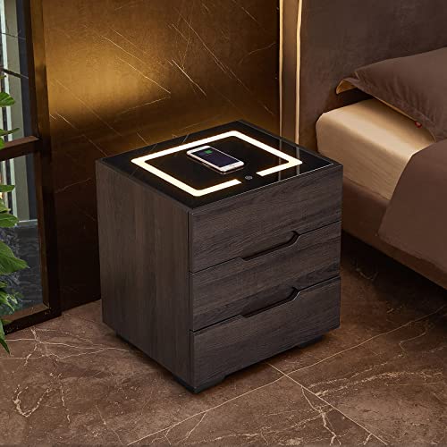 OLD CAPTAIN Nightstands Wireless Charging Station and LED Lights, Modern End Side Table with 3 Drawer Nightstand Storage Cabinet for Bedroom (1, Dark Brown)