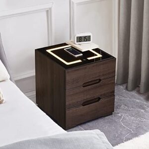 OLD CAPTAIN Nightstands Wireless Charging Station and LED Lights, Modern End Side Table with 3 Drawer Nightstand Storage Cabinet for Bedroom (1, Dark Brown)