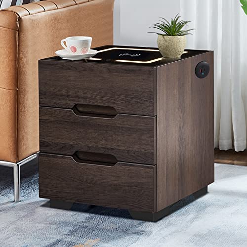 OLD CAPTAIN Nightstands Wireless Charging Station and LED Lights, Modern End Side Table with 3 Drawer Nightstand Storage Cabinet for Bedroom (1, Dark Brown)