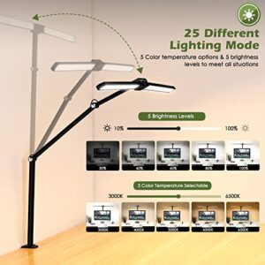 VSATEN LED Desk Lamps for Home Office, 24W Double Head Architect Clamp Desk Lamp with Light Sensor Function, 5 Color Modes, Eye Protection Desk Light Bar for Monitor Studio Reading