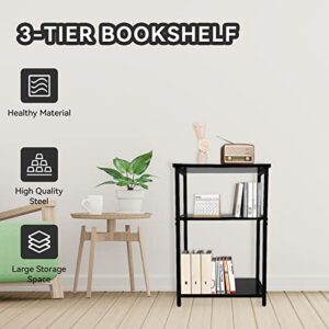 ECOMEX Small Bookshelf, Standing Metal Frame Book Shelves, 3 Tier Industrial Bookshelf Wood Bookcase Shelves Storage for Living Room Bedroom and Office, 3 Tiers Open Shelf/Display Rack, Black