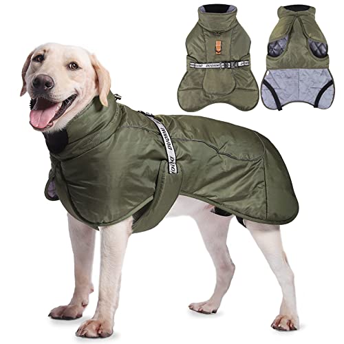 Patas Lague Warm Winter Dog Coat, Waterproof Windproof Dog Winter Jacket Coat, Adjustable Dog Apparel for Cold Weather, Reflective Pet Clothes for Small Medium Dogs (Green 3XL)