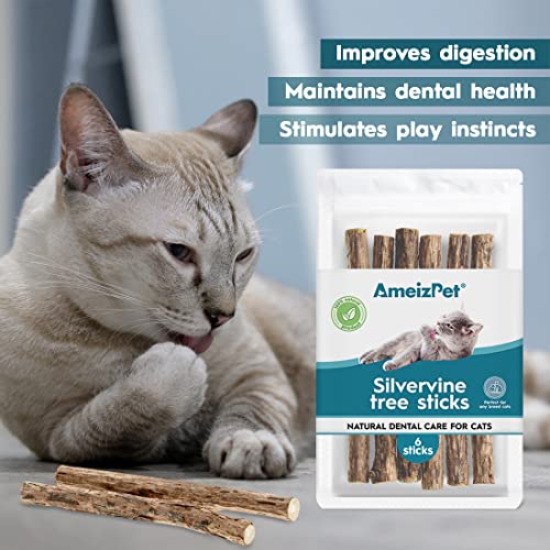 AmeizPet Silvervine Cat Teeth Cleaning Dental Sticks, Matatabi Dental Care, Cat Chew Toy 6 Pcs