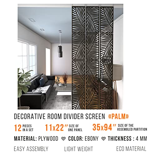 Room Divider Hanging Screen - Style Palm, 12 Panels 11x22 inches (Ebony Wood)