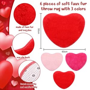 Nuogo 6 Pieces Valentine's Day Bathroom Rug Heart Shaped Fluffy Faux Area Rug 20 x 24 Inch Plush Fur Room Mat for Valentine's Day Home Living Room Bedroom Sofa Floor, Pink, Red, Rose Red