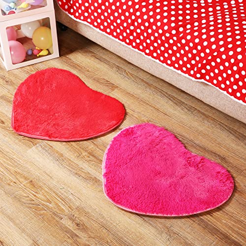 Nuogo 6 Pieces Valentine's Day Bathroom Rug Heart Shaped Fluffy Faux Area Rug 20 x 24 Inch Plush Fur Room Mat for Valentine's Day Home Living Room Bedroom Sofa Floor, Pink, Red, Rose Red
