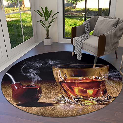 Round Area Rug 5' Diameter Non-Slip Throw Rugs Floor Carpet Wine Whiskey Glasses and Cigars Pattern Indoor Floor Area Mat for Living Room Sofa Bedroom Nursery Decor