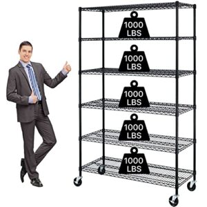 heavy duty 6 tier wire shelving unit adjustable storage rack on wheels 6000 lbs weight capacity metal shelves space saving wire shelf multifunctional garage shelving for commercial storage, black