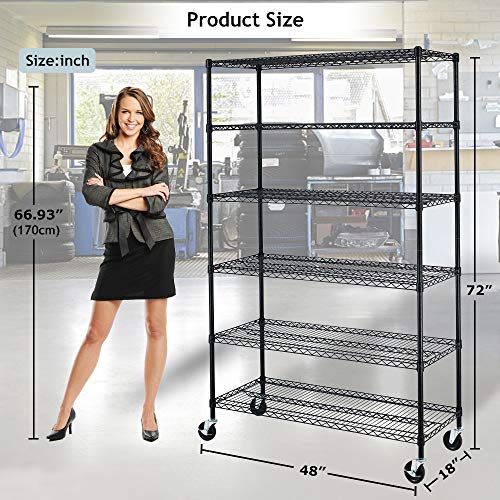 Heavy Duty 6 Tier Wire Shelving Unit Adjustable Storage Rack on Wheels 6000 Lbs Weight Capacity Metal Shelves Space Saving Wire Shelf Multifunctional Garage Shelving for Commercial Storage, Black